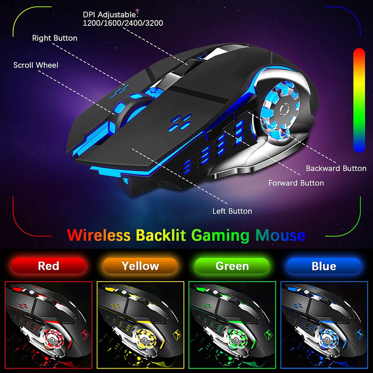 Wireless Gaming Keyboard and Mouse,Rainbow Backlit Rechargeable Keyboard Mouse with 3800Mah Battery Metal Panel,Removable Hand Rest Mechanical Feel Keyboard and 7 Color Gaming Mute Mice for PC Gamers