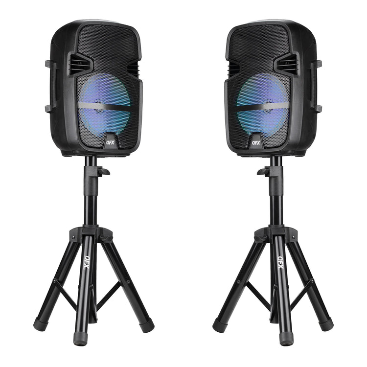 PBX-808TWS Dual 8-Inch Portable Bluetooth PA Speaker System with Stands, Wired Mics, Remotes, USB/FM/TWS/LED