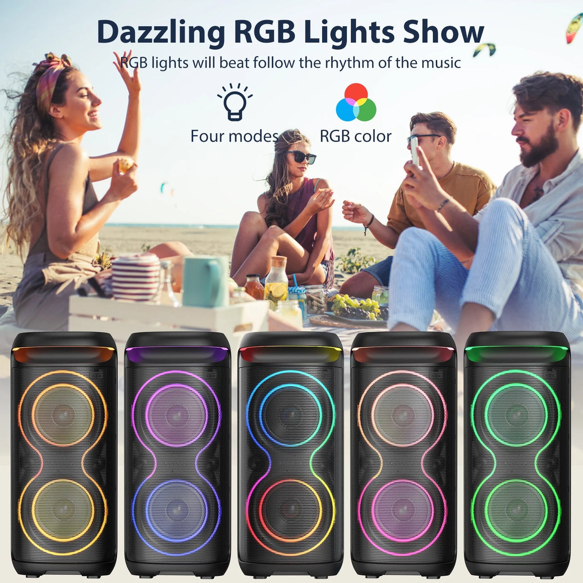 Large Party Speaker, Bluetooth Speaker with Dazzling Rgb Light, Two 6.5'' Subwoofer, T20