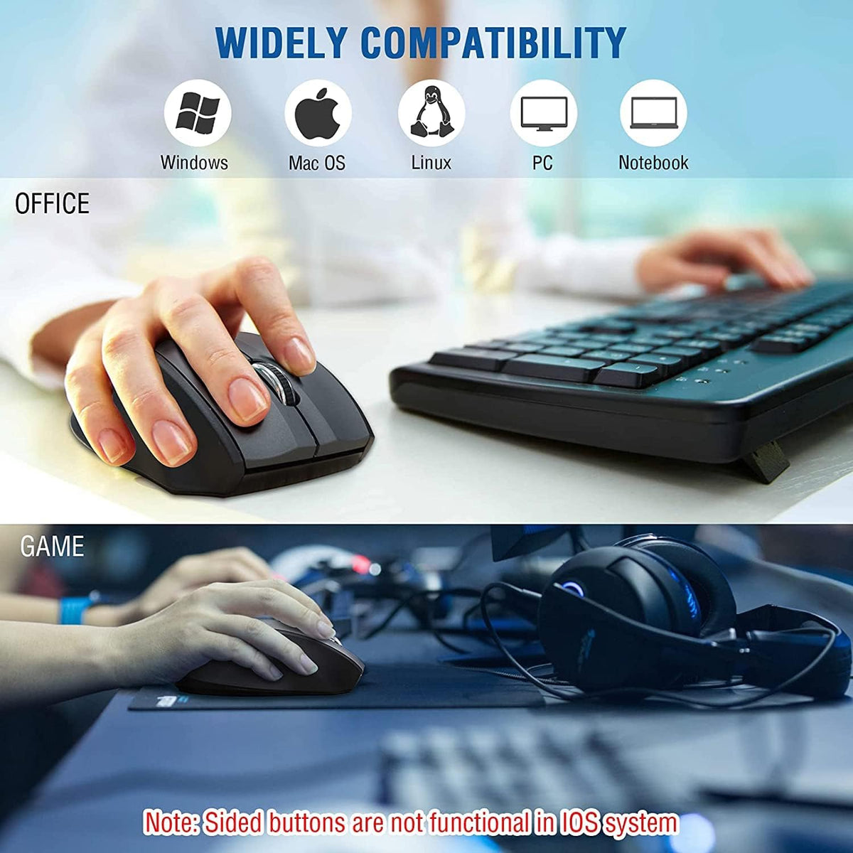 Wireless Mouse for Laptop, Portable Optical Computer Mouse, 6 Buttons, Cordless 2.4Ghz with USB Receiver, 5-Level 4800 DPI, 18 Months Battery Life for PC Chromebook Windows Mac